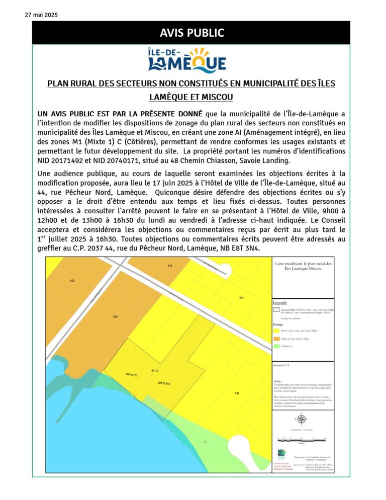 Avis Public –  Plan rural des secteurs non constitués en municipalité des îles Lamèque et Miscou