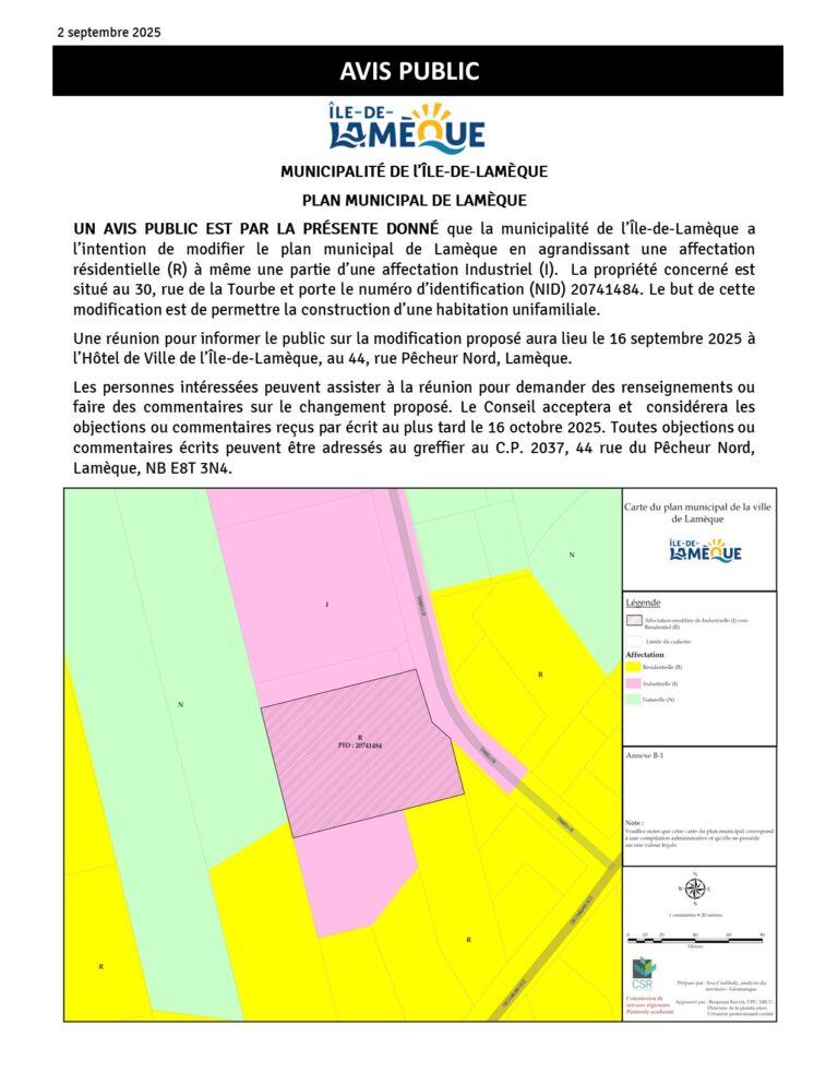Avis Public – Plan municipal de Lamèque