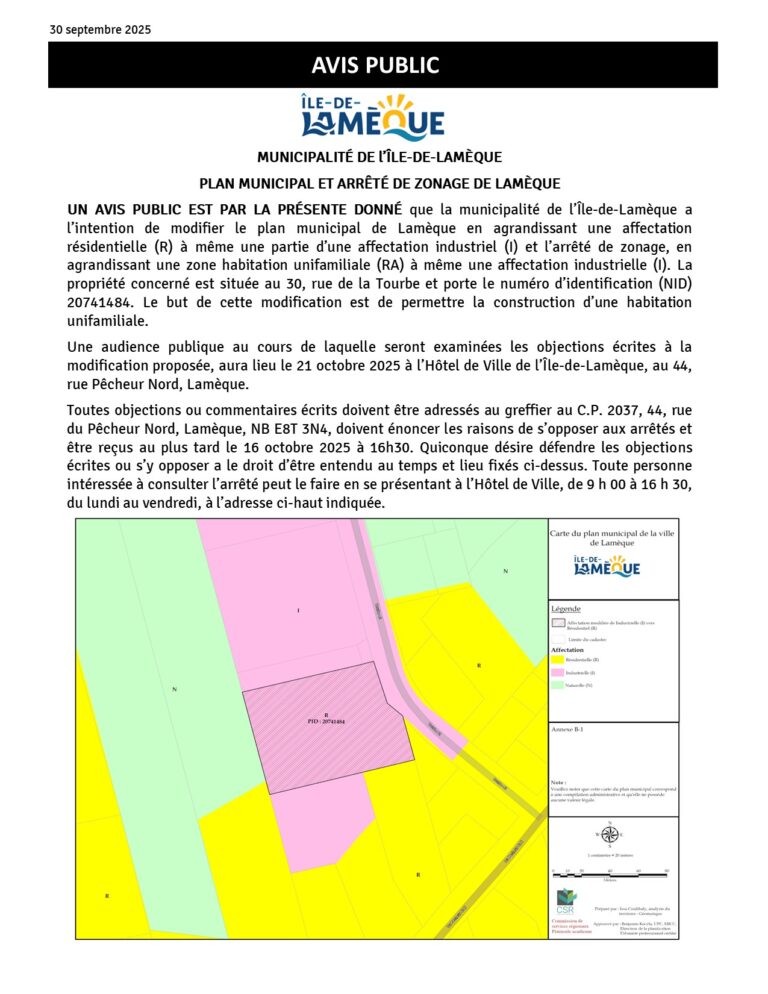 Avis public – Plan municipal et arrêté de zonage de Lamèque